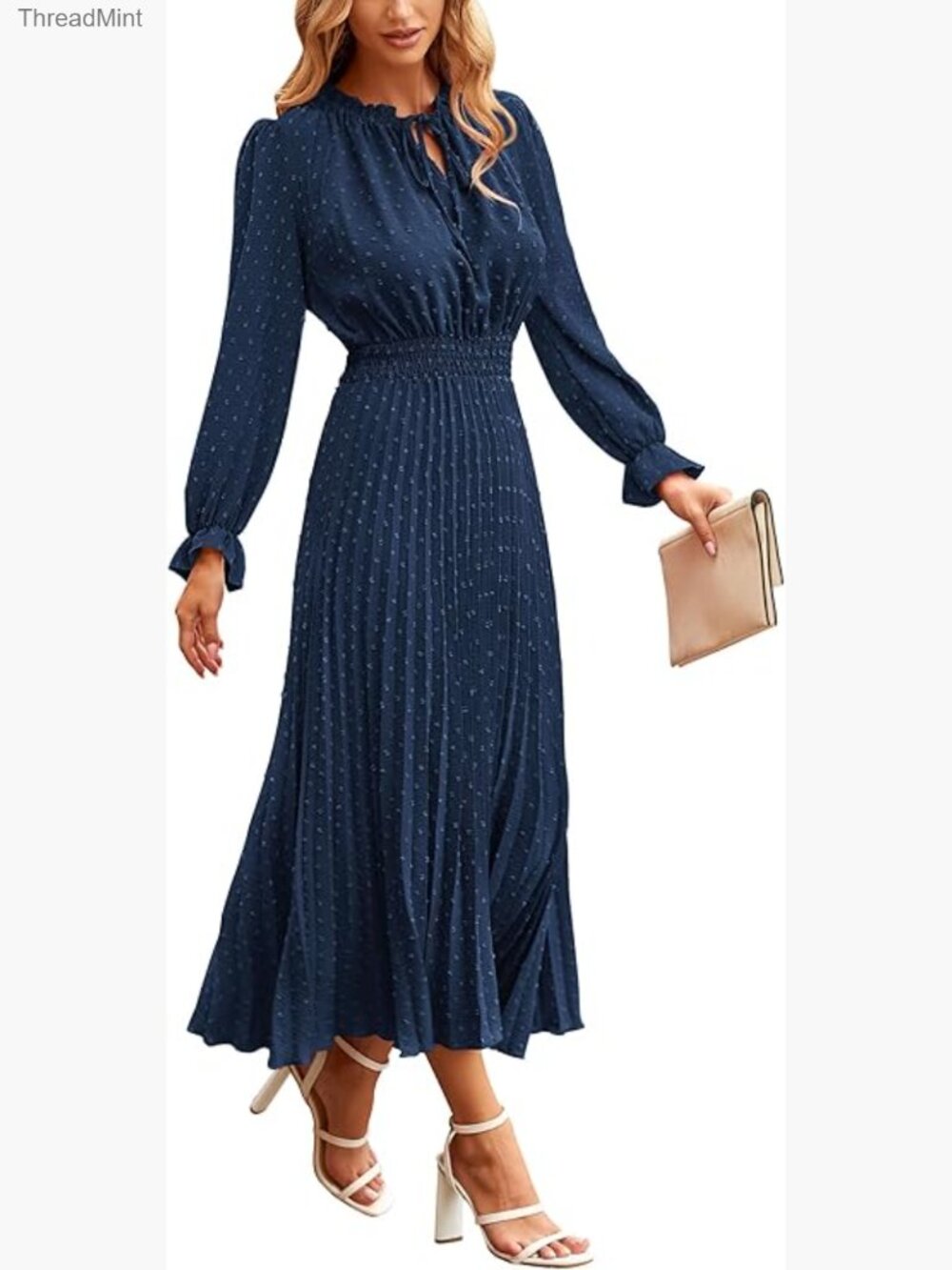 Long Sleeve V-Neck Midi Dress, A-Line Pleated Flowy Casual Dress
